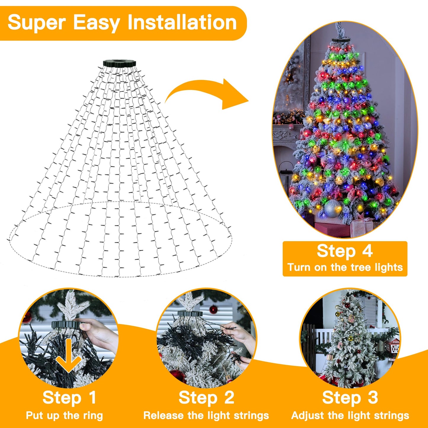 🎄🔥Waterproof Christmas Tree Waterfall Lights with Ring ✨Quick Setup, 8 Modes