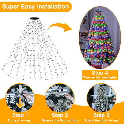🎄🔥Waterproof Christmas Tree Waterfall Lights with Ring ✨Quick Setup, 8 Modes
